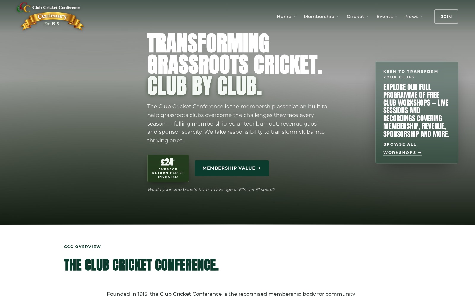 Homepage of the Club Cricket Conference, the membership body for community cricket