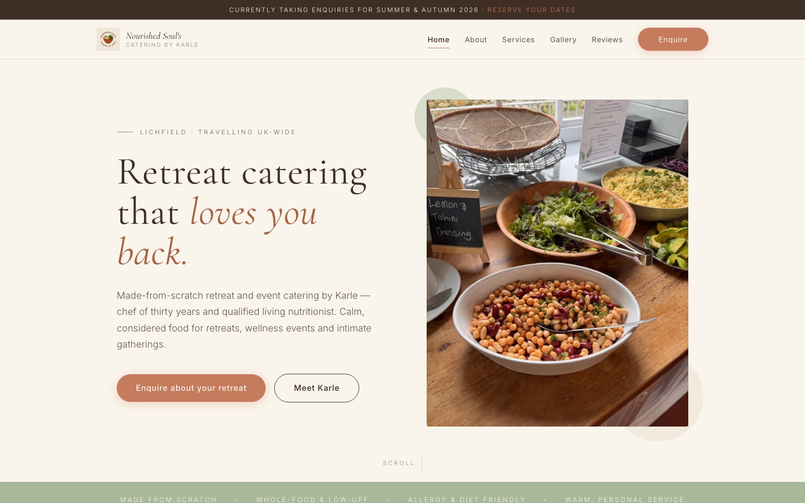Homepage of Nourished Soul's Catering by Karle, retreat catering in Lichfield