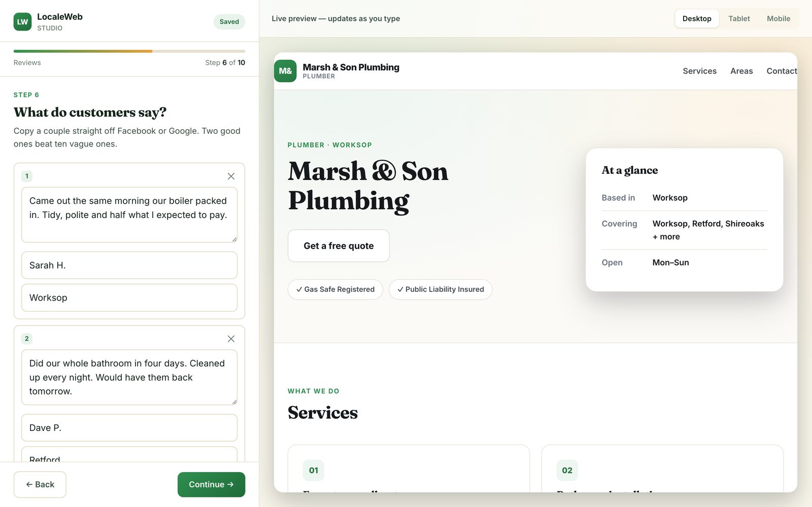 Step 6 of the Studio builder, adding customer reviews to the site