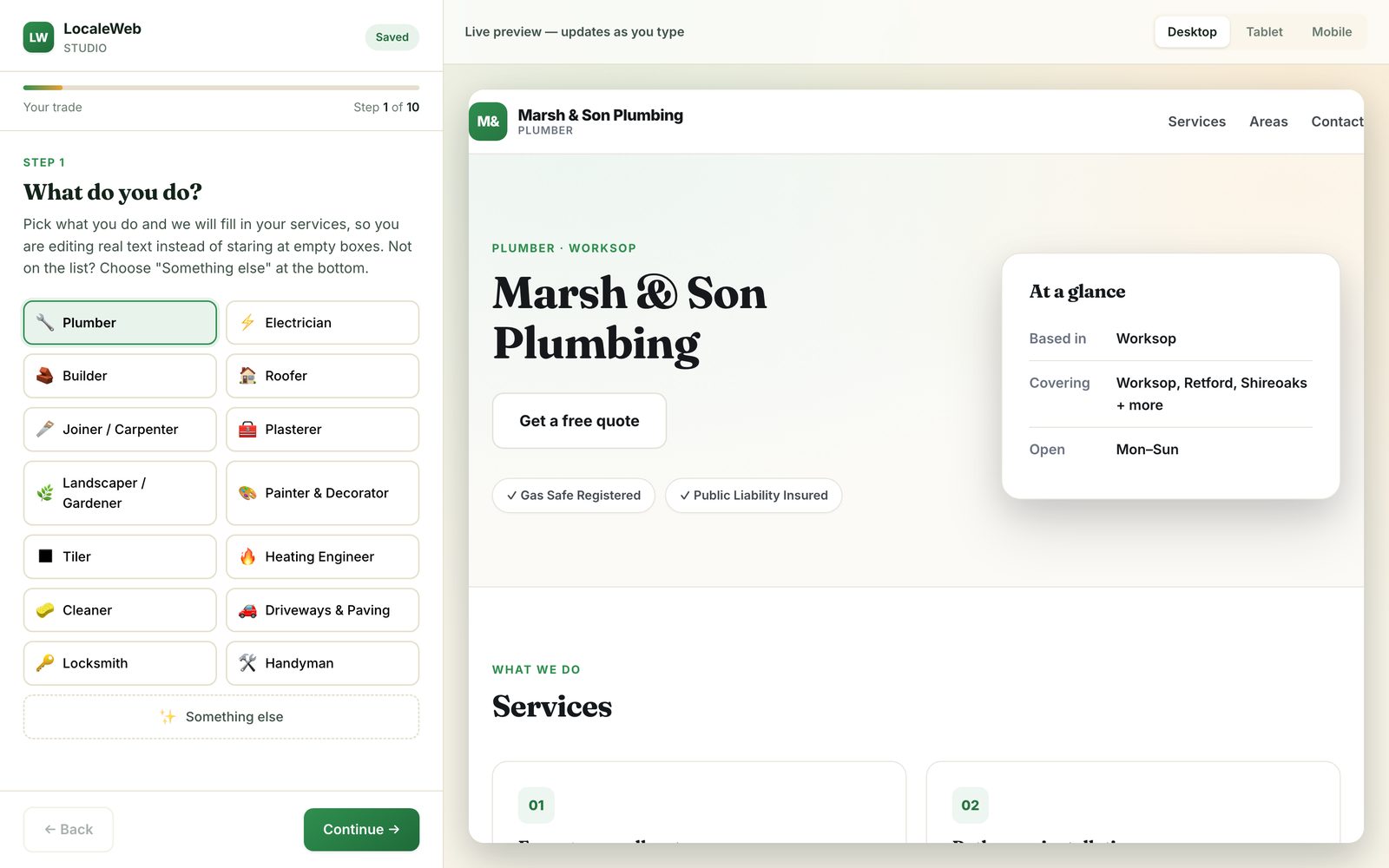 The LocaleWeb Studio builder: trade options such as plumber, electrician and builder on the left, with a finished plumbing website previewing live on the right