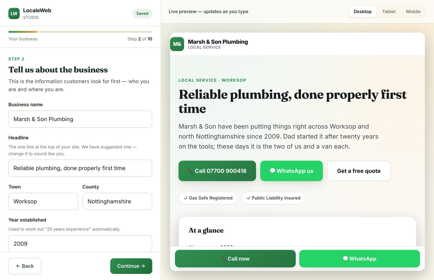 The LocaleWeb Studio builder: business name, headline and town on the left, with the finished plumbing website previewing live on the right