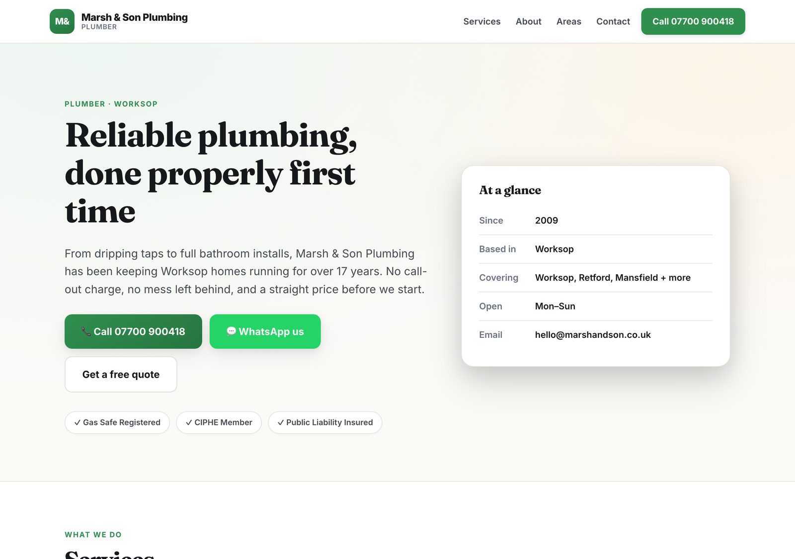 A finished plumbing website built in Studio, showing the headline, contact buttons and an at-a-glance details panel